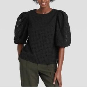A New Day Women's Short Puff Sleeve Eyelet Top- Black
